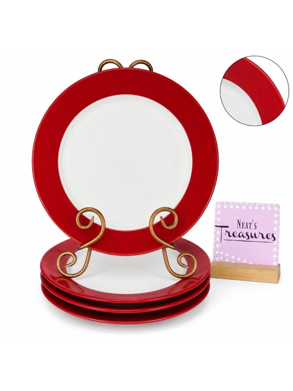 Royal Norfolk Greenbrier TWO-TONE RED & WHITE Stoneware 10.5" Dinner Plate Set 4